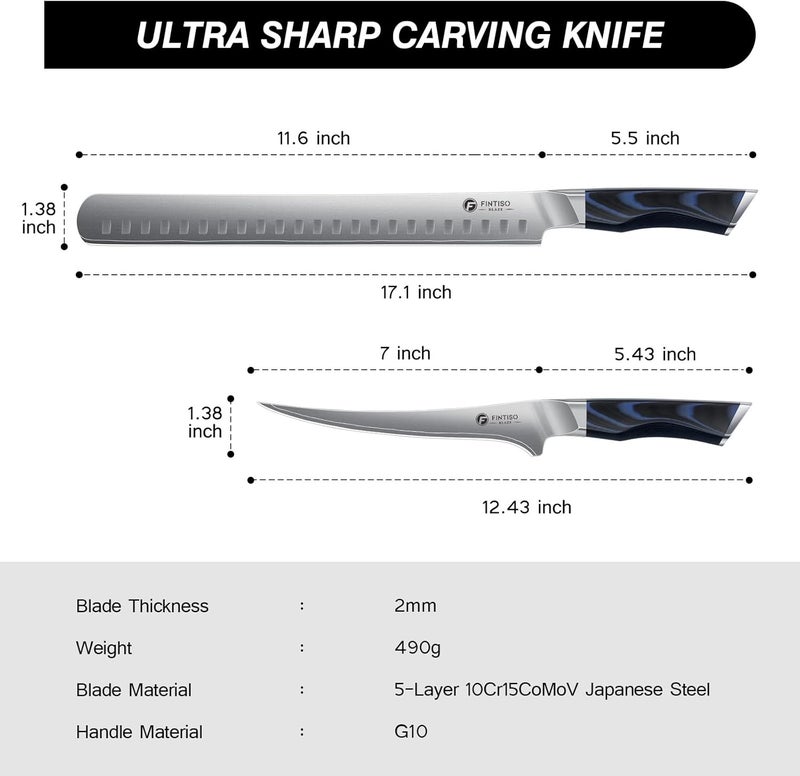 FINTISO Professional BBQ Carving Knife Set, Brisket Slicing and Fillet Knife for Meat Cutting, Japanese High Carbon Steel Slicing Knives with G10 Handle, Full Tang Ultra Sharp Meat Cleaver - Image 5